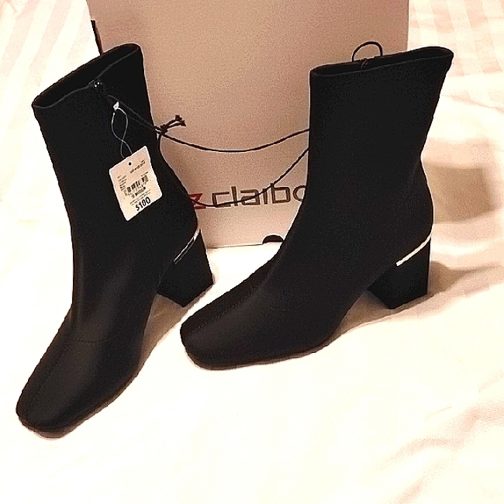 Liz Claiborne Black Sock Ankle Boots with Silver Heel Trim